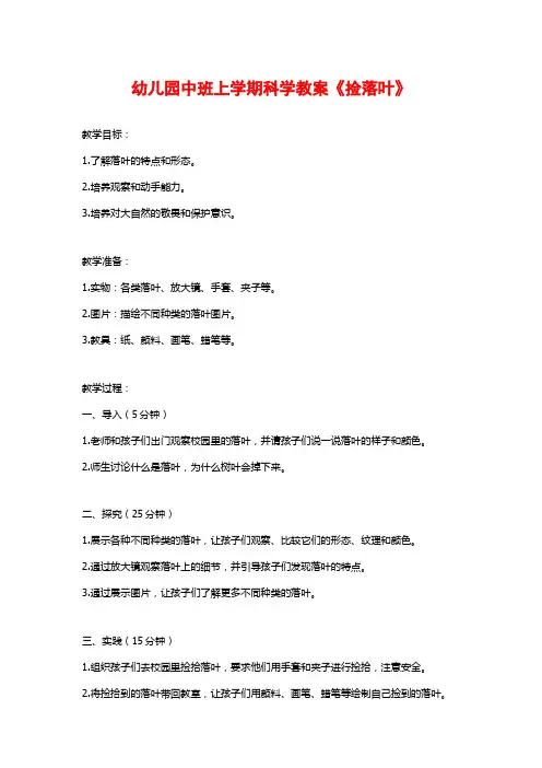 幼儿园中班上学期科学教案《捡落叶》