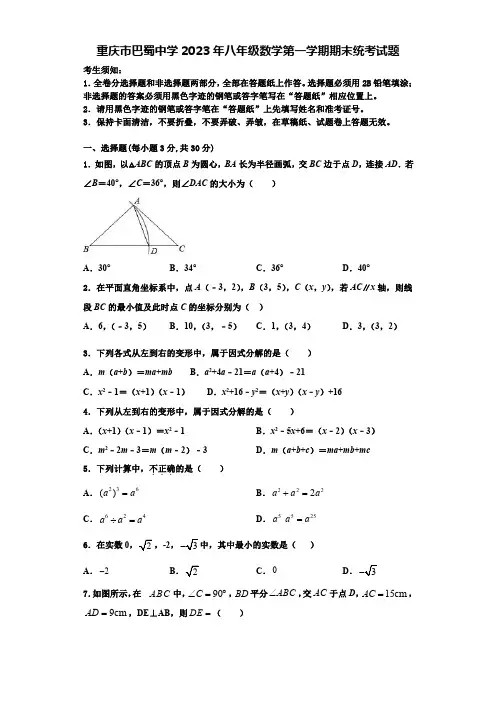 重庆市巴蜀中学2023年八年级数学第一学期期末统考试题【含解析】
