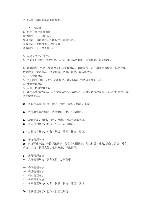 公司各部门制定的基本制度参考