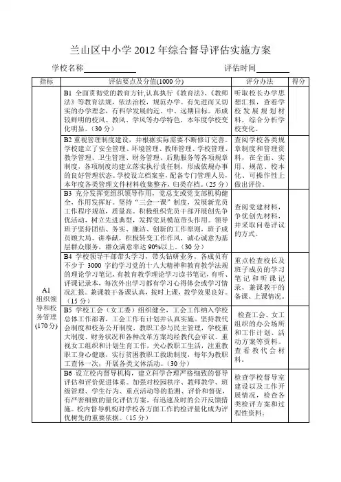 兰山区中小学2012年综合督导评估实施方案