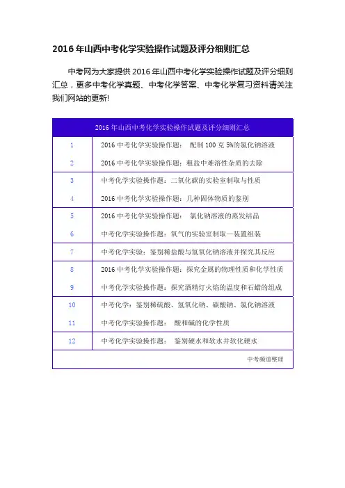2016年山西中考化学实验操作试题及评分细则汇总