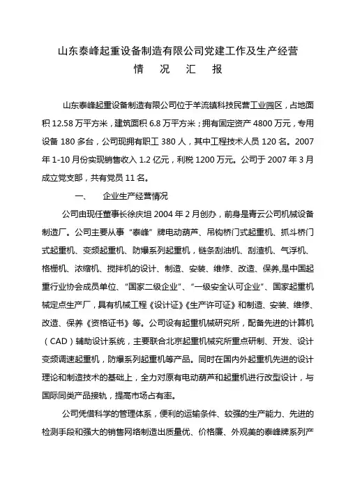山东泰峰起重设备制造有限公司党建工作及生产经营