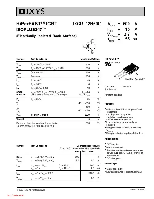 IXGR12N60C;中文规格书,Datasheet资料