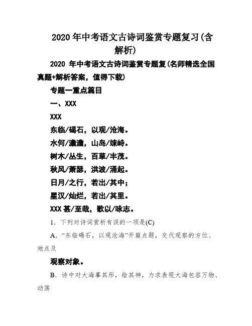 2020年中考语文古诗词鉴赏专题复习(含解析)