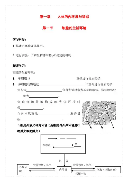 高中生物 第一章 人体的内环境与稳态教案 新人教版必修3