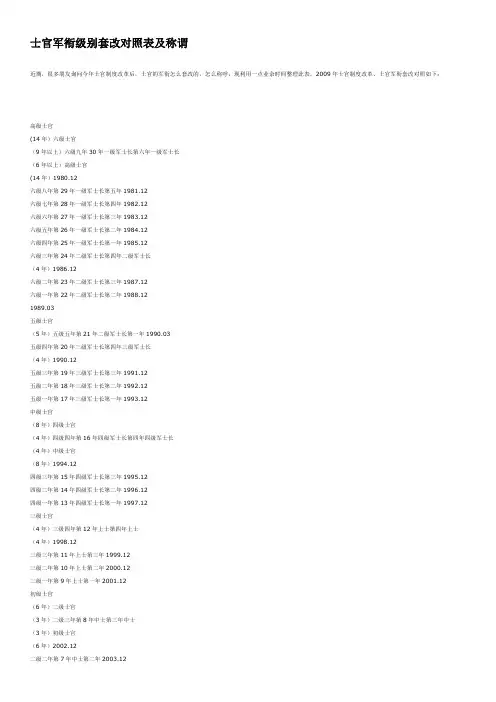 士官军衔级别套改对照表及称谓