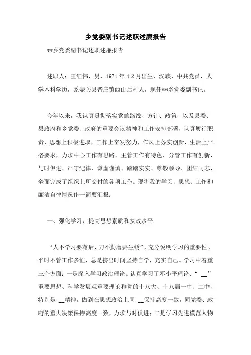 乡党委副书记述职述廉报告