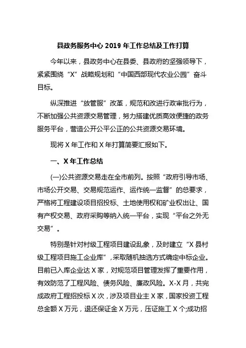 县政务服务中心2019年工作总结及工作打算