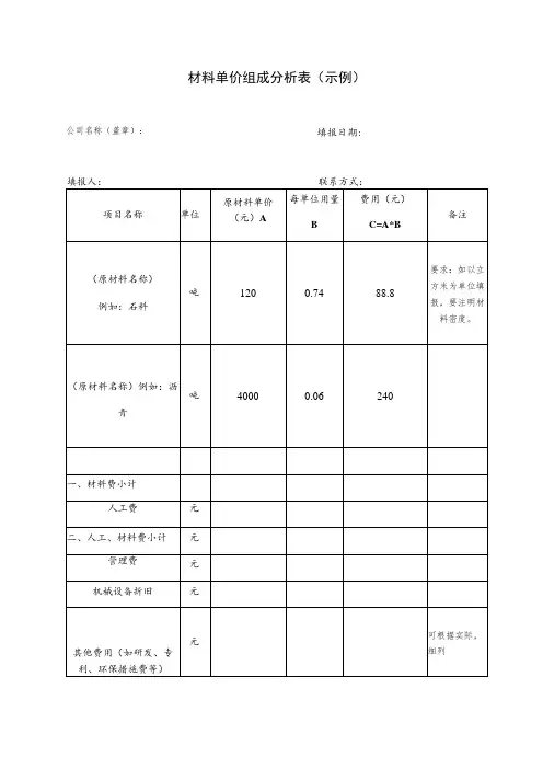 材料单价组成分析表示例