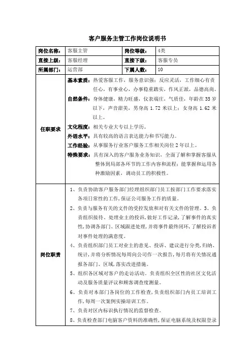 客户服务经理工作岗位说明书模板