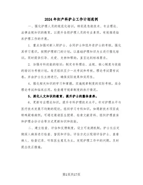 2024年妇产科护士工作计划范例（七篇）