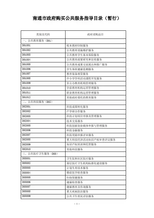 南通市政府购买公共服务指导目录(暂行)