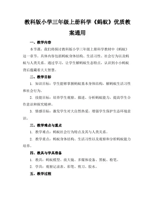 教科版小学三年级上册科学《蚂蚁》优质教案通用