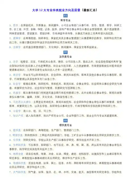 大学12大专业学类就业方向及前景(最新汇总)讲义