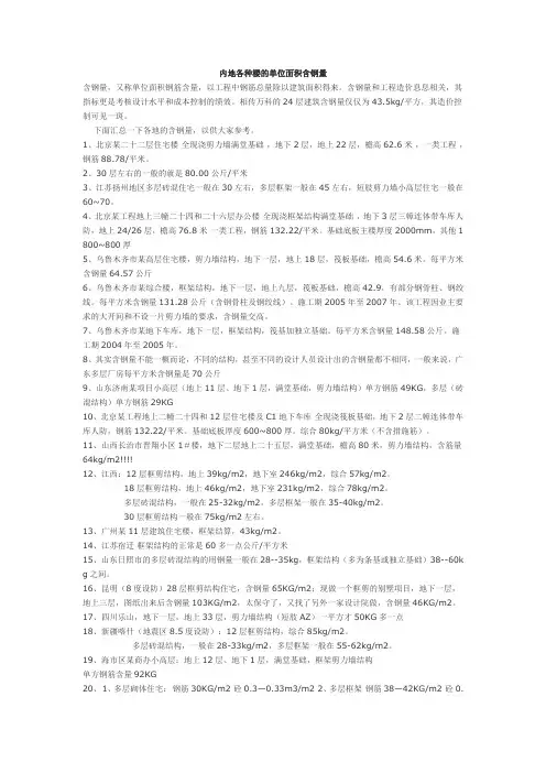内地各种楼的单位面积含钢量