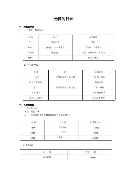 光源分类参考表(可打印修改)
