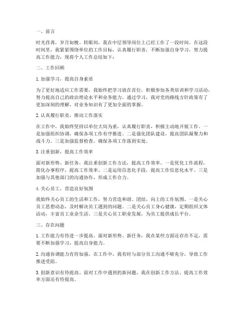 中层领导班子个人工作总结