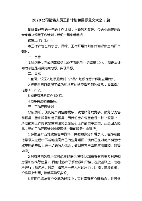 2020公司销售人员工作计划和目标范文大全5篇