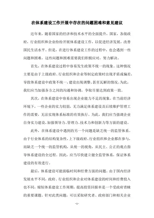 在体系建设工作开展中存在的问题困难和意见建议