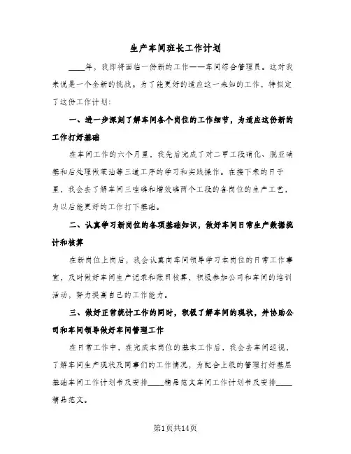 生产车间班长工作计划（3篇）