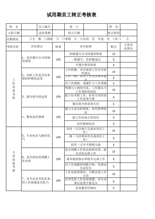 HR表单：关于员工转正考核的表单