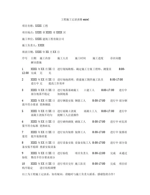 工程施工记录表格excel