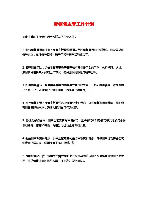 度销售主管工作计划