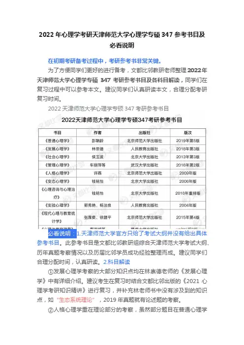 2022年心理学考研天津师范大学心理学专硕347参考书目及必看说明
