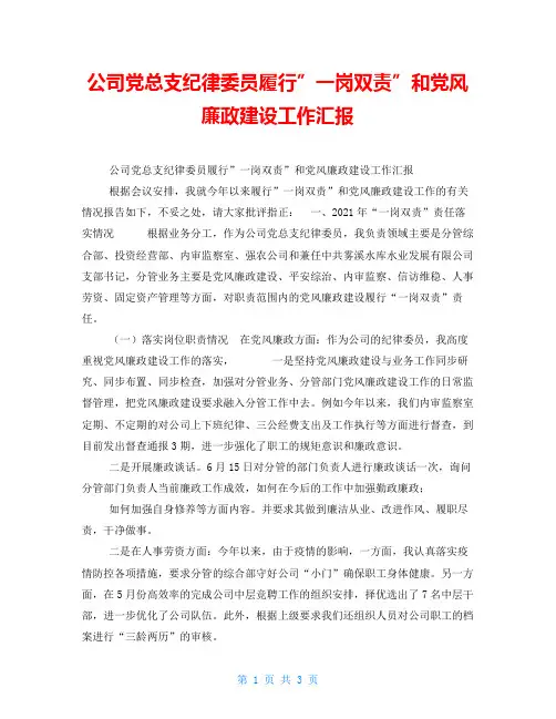 公司党总支纪律委员履行”一岗双责”和党风廉政建设工作汇报