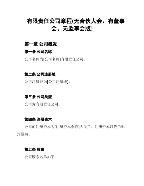 有限责任公司章程(无合伙人会、有董事会、无监事会版)