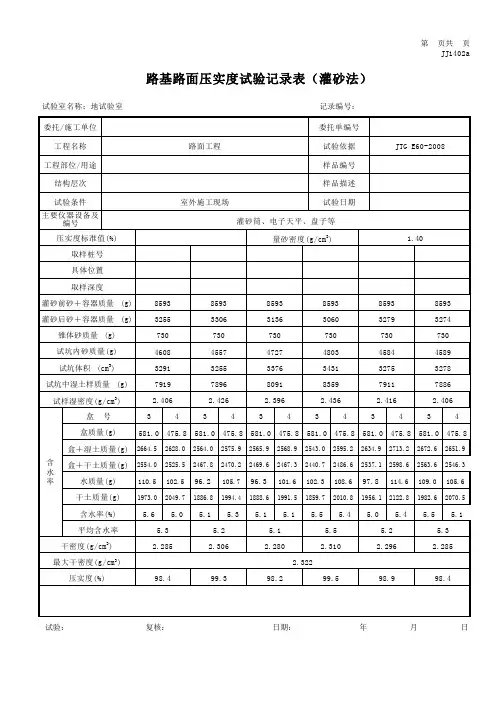 路基路面压实度试验记录表(随机灌砂法)