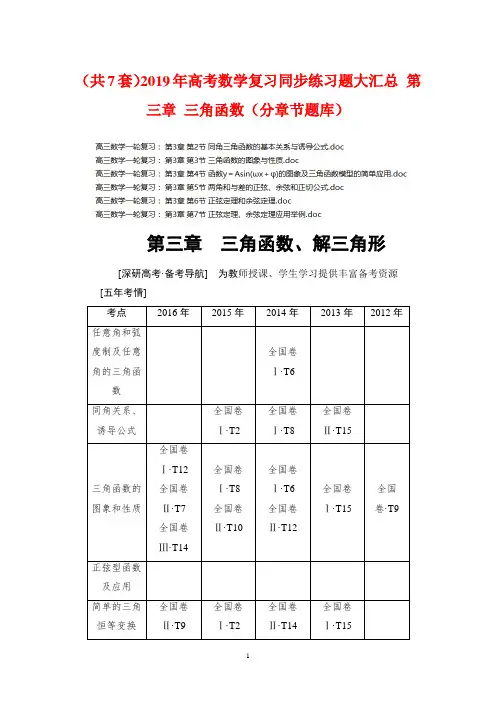 (共7套)2019年高考数学复习同步练习题大汇总 第三章 三角函数(分章节题库)