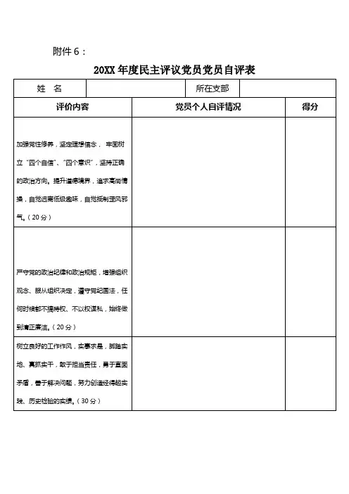 民主评议党员党员自评表(模板)