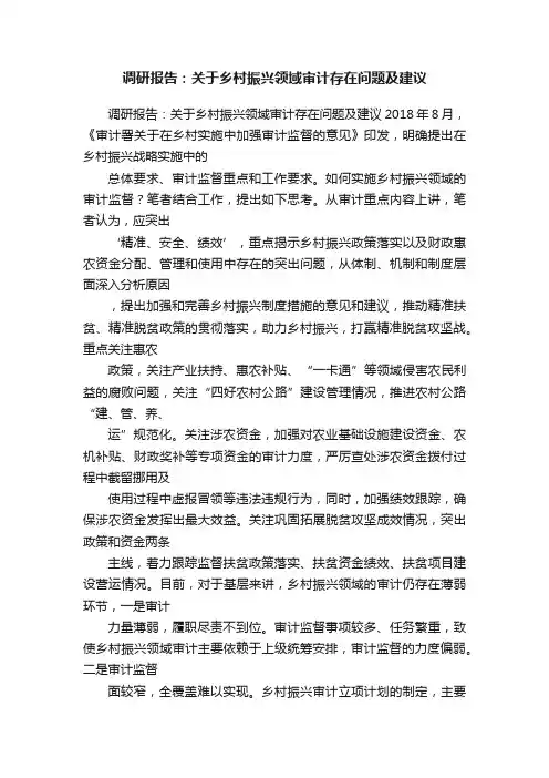 调研报告：关于乡村振兴领域审计存在问题及建议