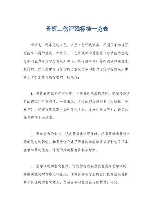 骨折工伤评残标准一览表