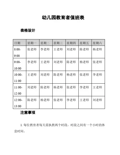 幼儿园教育者值班表