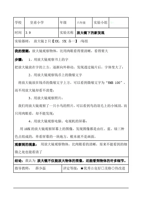 六年级下册科学实验记录