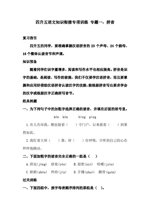 四升五语文知识衔接专项训练题 专题一·拼音 同步练习(含答案)人教统编版