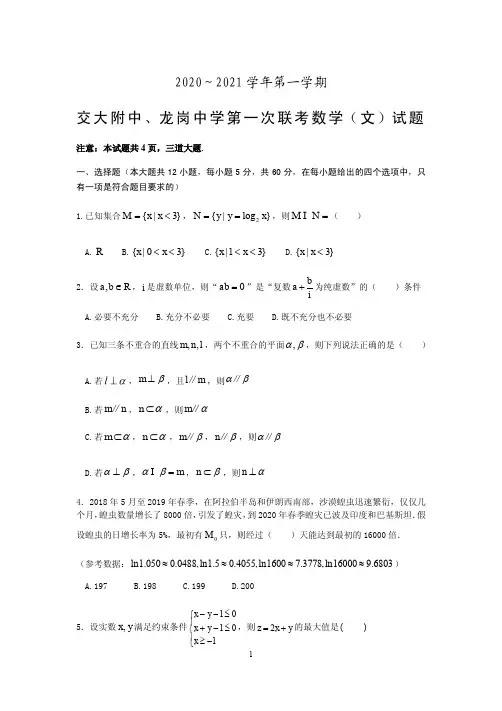2021届陕西省交大附中、龙岗中学高三上学期第一次联考文科数学试题 PDF版