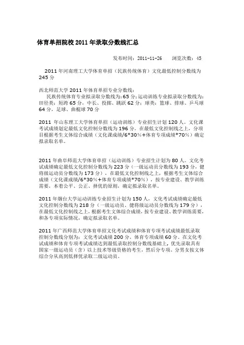 体育单招院校2011年录取分数线汇总