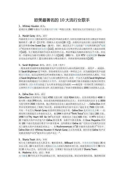 欧美最著名的10大流行女歌手