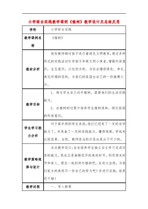 小学综合实践教学课例《植树》课程思政核心素养教学设计及总结反思
