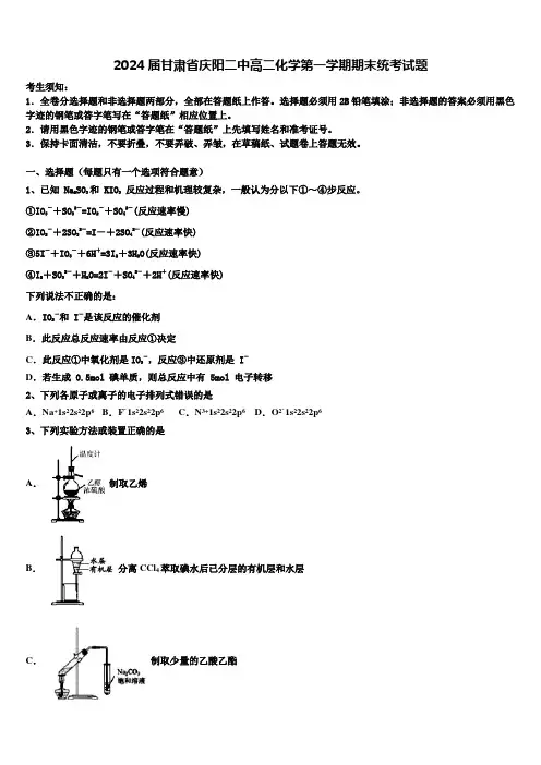 2024届甘肃省庆阳二中高二化学第一学期期末统考试题含解析