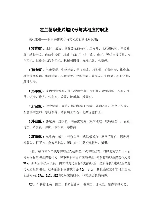 霍兰德职业兴趣代号与其相应的职业