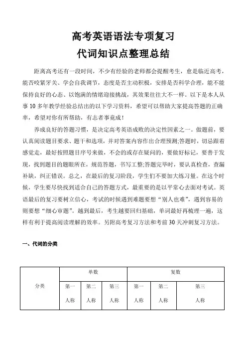 高考英语语法专题复习 ：专题10 代词(代词知识点整理总结)