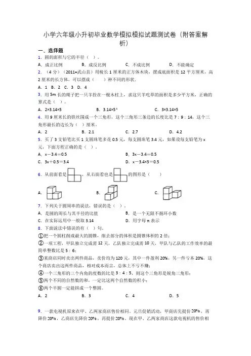 小学六年级小升初毕业数学模拟模拟试题测试卷(附答案解析)