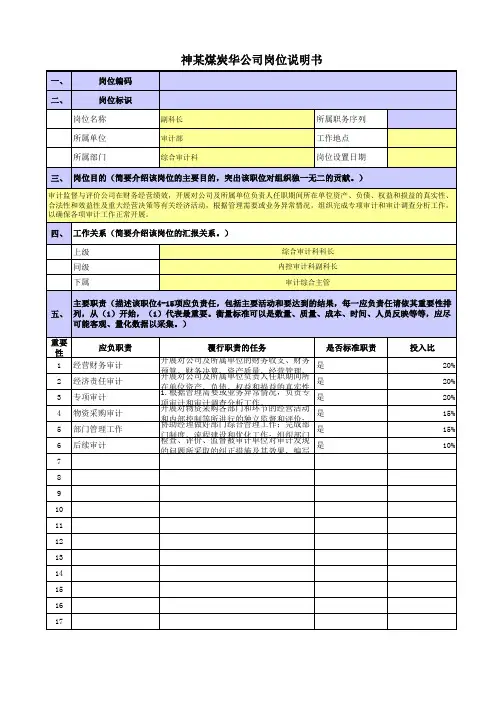 某央企煤炭集团岗位职责梳理表审计部-综合审计科-副科长