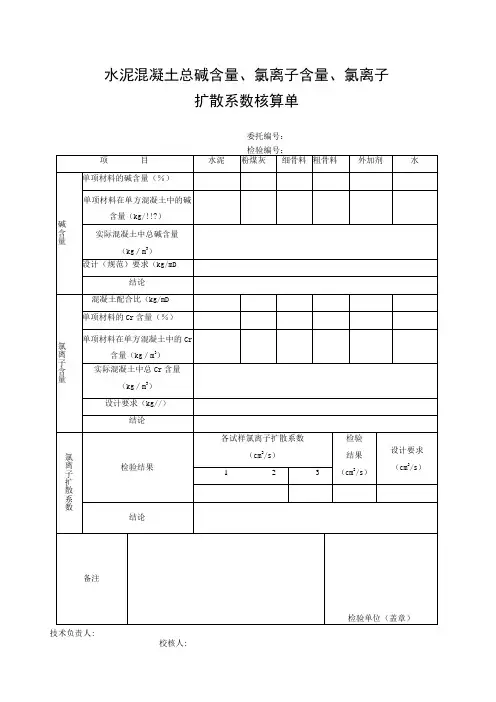 市政材料E13水泥混凝土总碱含量、氯离子含量、氯离子扩散系数核算单