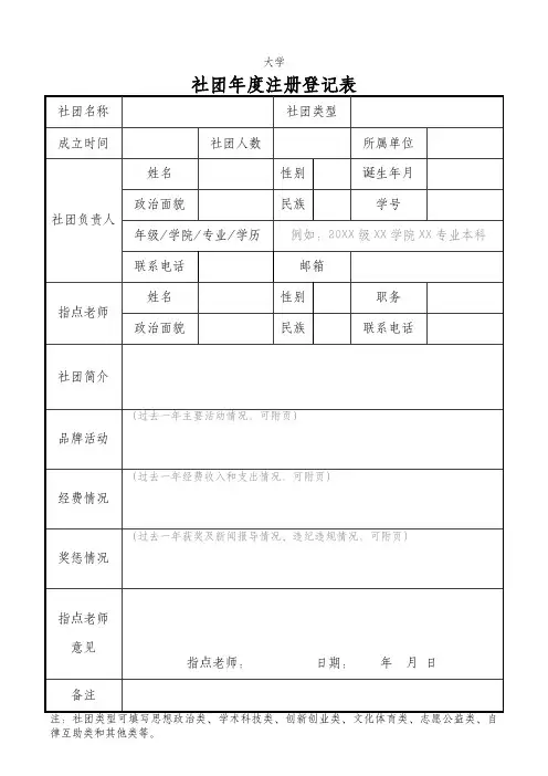 大学学生社团年度注册登记表