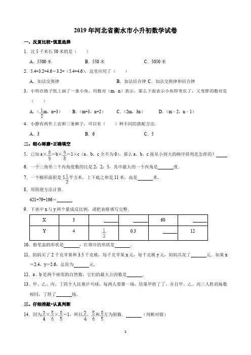 2019年河北省衡水市小升初数学试卷(含解析)印刷版